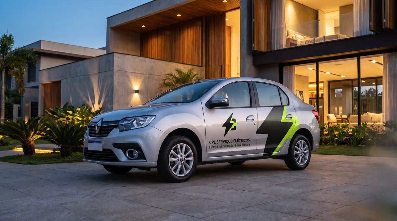 Veículo da CPL Serviços Elétricos estacionado diante de uma residência contemporânea ao anoitecer