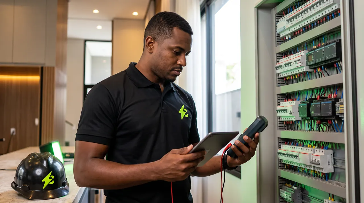 Técnico da CPL com tablet e multímetro diante de um quadro de automação